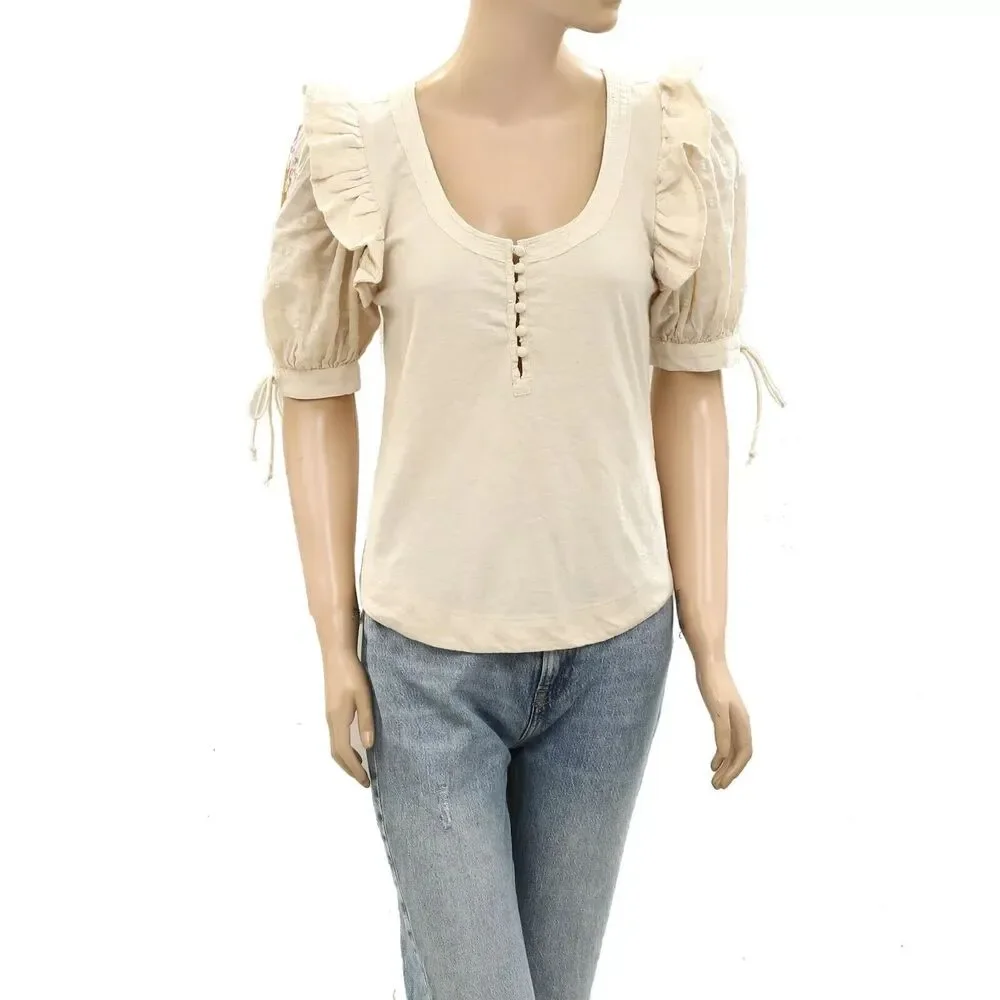 By Anthropologie Floral Embroidered Puff-Sleeve Blouse Top Ruffle XSP NWT 274108